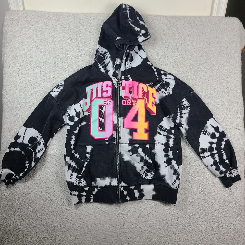 Justice Sport Girls Black White Tie Dye Zip Up Hoodie Neon Graphic Sweatshirt